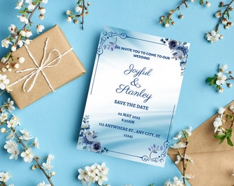 Wedding Minimalist Invitation Template| Modern Wedding Invite| Blue Minimalist Invite| Editable Canva Invitation Wedding| Instant Download