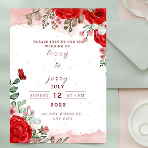 Wedding Invitation Red Rose Transparent Ink || Wedding Invitation Template || Editable Wedding Invitation Template || Instant Download