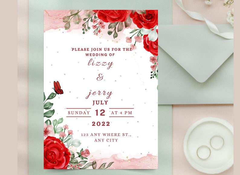 Wedding Invitation Red Rose Transparent Ink || Wedding Invitation Template || Editable Wedding Invitation Template || Instant Download