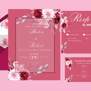 Rose Gold Pick Wedding Invitation, Pick Wedding Invitation Template, Set pick Floral Wedding Invite, Printable Elegant Invite & rsvp Bundle