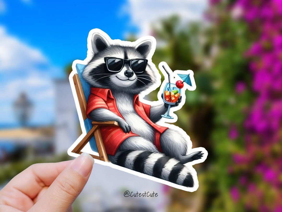 Cute Raccoon Sticker Vinyl, Chilling Drink, Funny Raccoon Sticker for ...
