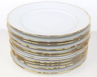 Vintage MZ Czechoslovakia 6 X Flat Dinner Plates Porcelain White With Gold Band