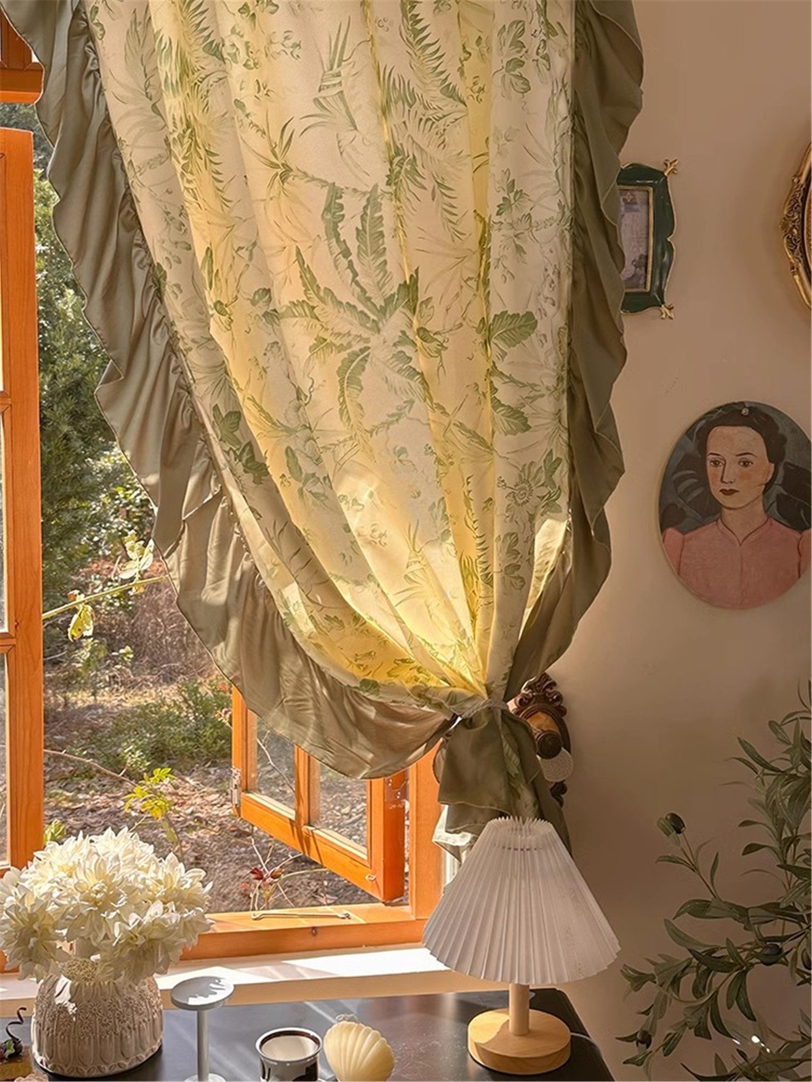 Green Leaves Curtains Sage Green Floral Curtains Rod Pocket Etsy