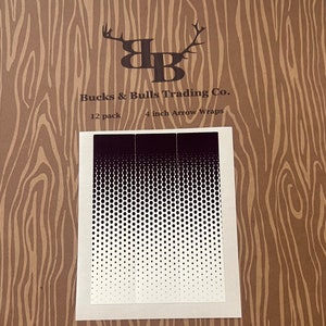 May include: Three black and white arrow wraps with a gradient pattern of black dots on a white background. The wraps are 4 inches long and come in a pack of 12. Bucks & Bulls Trading Co. 12 pack 4 inch Arrow Wraps