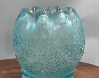 Vintage Northwood Fine Cut & Rose Fancy Interior Ice Blue Carnival Glass Footed Bowl RARE