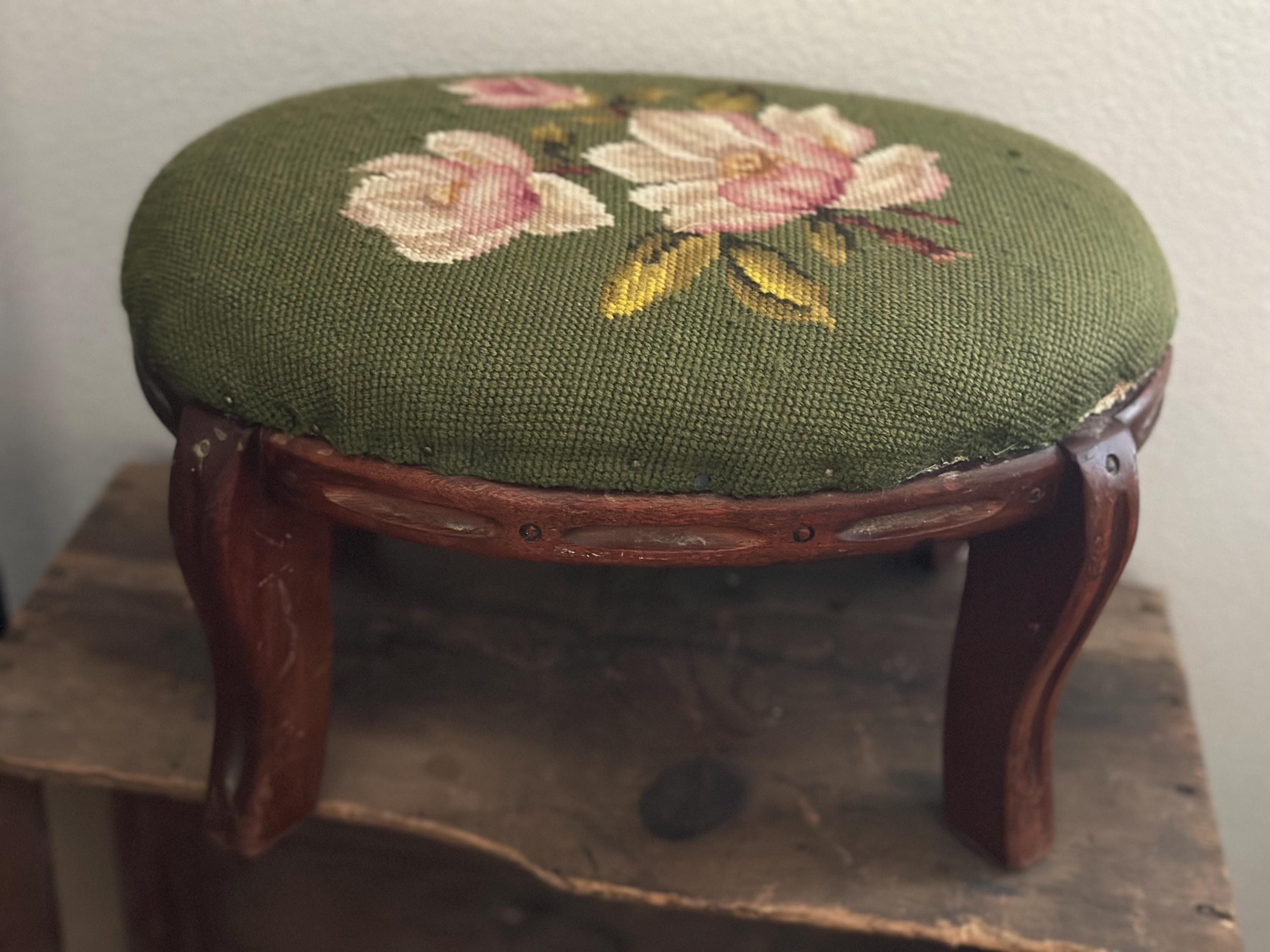 Vintage Needlepoint Oval Footstool Floral Embroidery Wood Legs Stool - Etsy