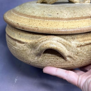 Puede incluir: Una cacerola de cerámica marrón con tapa. La cacerola tiene un esmalte moteado y un aspecto único, hecho a mano. La tapa tiene una manija esculpida.