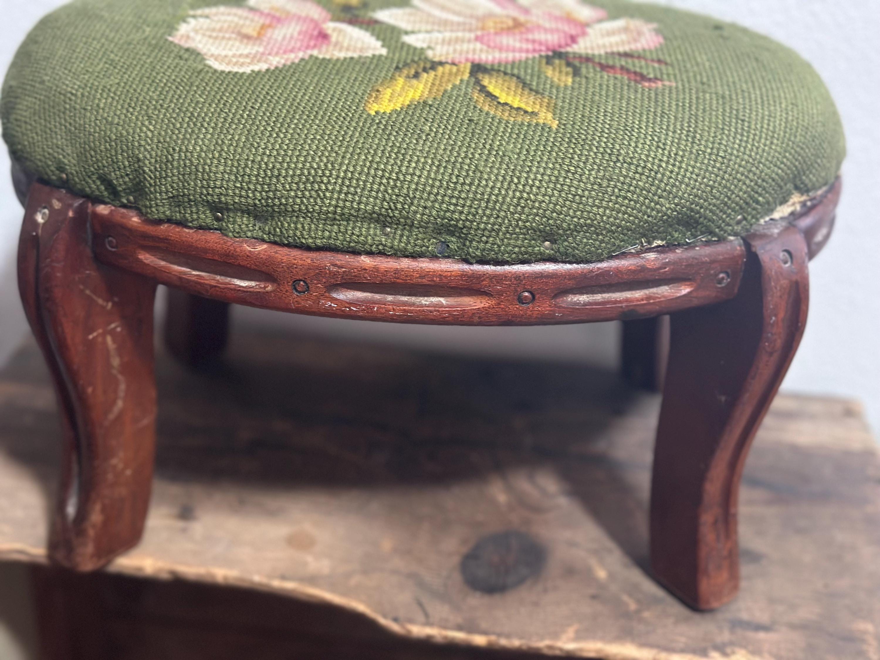 Vintage Needlepoint Oval Footstool Floral Embroidery Wood Legs Stool - Etsy