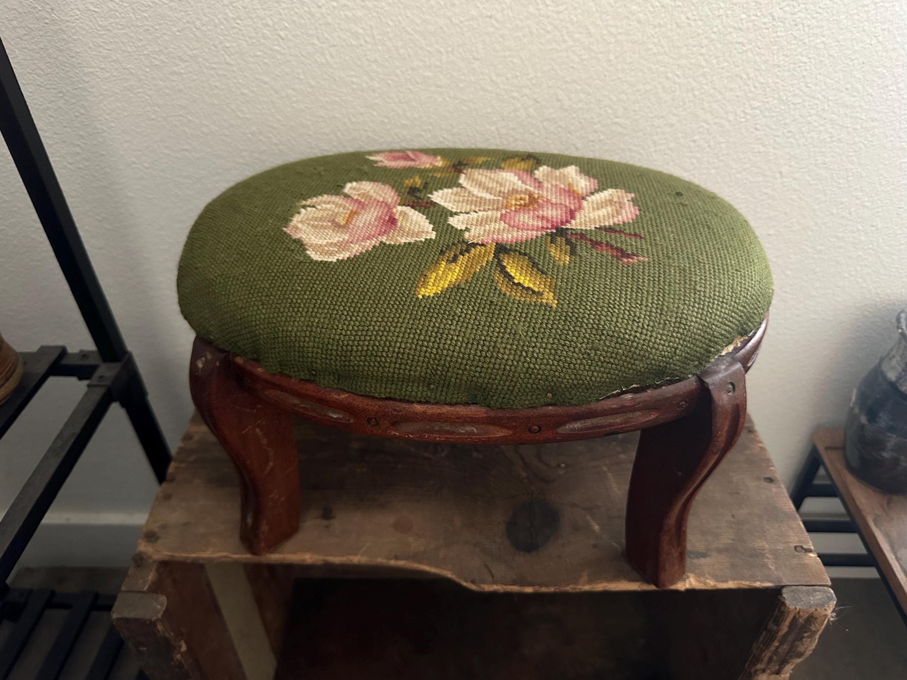 Vintage Needlepoint Oval Footstool Floral Embroidery Wood Legs Stool - Etsy