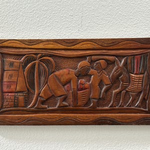 Art mural vintage en bois sculpté 3D palmier Tiki âne hutte île fait main