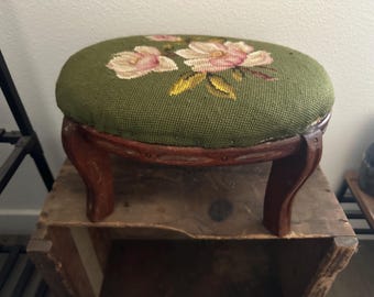 Vintage Needlepoint Oval Footstool Floral Embroidery Wood Legs Stool