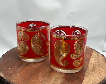 Vintage MCM Culver Red Gold Paisley Whiskey Low Ball Glas Set med 2 MCM Barware Hollywood Regency Barware