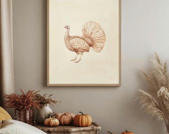 May include: A framed wall art print featuring a detailed brown ink illustration of a turkey with its tail feathers fanned out, centered on a light cream background. The artwork is enclosed in a simple, light-toned wooden frame.