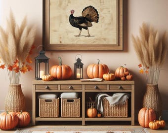 May include: A wooden console table with four drawers and two shelves holding woven baskets, topped with orange pumpkins, two black lanterns, and a framed turkey print. Flanked by two tall woven vases with pampas grass and autumn leaves.