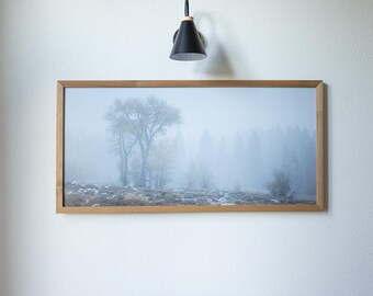 Snowy Forest Landscape Print: Rustic Winter Cabin Decor, Wood Frame