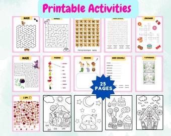 Puede incluir: Un conjunto de 25 páginas de actividades imprimibles para niños, que incluyen laberintos, sopas de letras, dibujos y páginas para colorear. Las páginas presentan diversos temas e ilustraciones, como unicornios, animales y dulces. El título "Actividades imprimibles" se muestra en la parte superior.