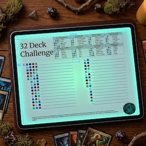Op de afbeelding: Een digitale tablet met een "32 Deck Challenge" spreadsheet, omringd door Magic: The Gathering kaarten, dobbelstenen en mos. De spreadsheet heeft kleurgecodeerde gegevens en een groene gloed. De tablet zit in een bruine hoes.