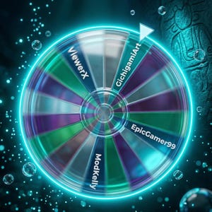 May include: A digital image of a spinning prize wheel with a neon blue outline. The wheel is divided into segments with names such as "ViewerX" and "GichigamiArt". Bubbles float around the wheel against a dark background.