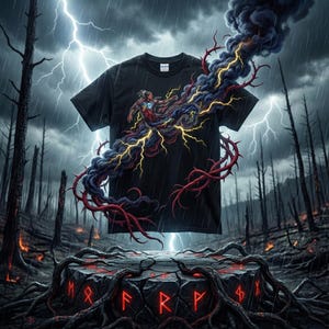May include: Black t-shirt featuring a detailed graphic of a figure with flowing hair and a lightning bolt design. The artwork is set against a stormy backdrop with a forest and lightning. The shirt is displayed above a stone pedestal.