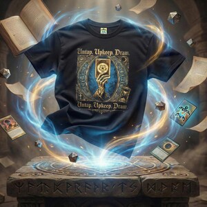 May include: Black t-shirt with a fantasy design featuring a hand holding a card with a pentagram, surrounded by the text "Untap. Upkeep. Draw." and other magical elements. The shirt is displayed on a stone surface with runes, surrounded by floating cards and dice.