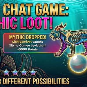 Könnte beinhalten: Digitalgrafik für ein Spiel mit einem stilisierten Wesen mit Skelettdesign, Hörnern und einem Fischschwanz. Der Text enthält "!FISH CHAT GAME: MYTHIC LOOT!" und "MYTHIC DROPPED!" mit einem Punktwert. Eine Cartoon-Frau befindet sich unten links.
