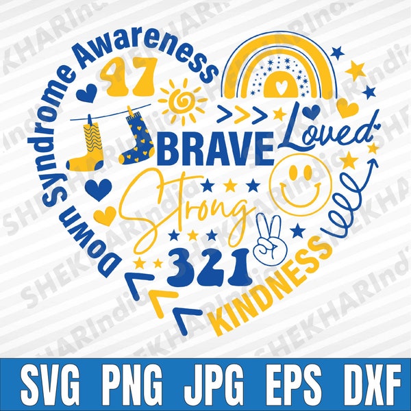 Sensibilisation à la Journée mondiale de la trisomie 21 3.21 Cœur bleu et jaune, Svg ruban bleu jaune, Syndrome de Down 3 21