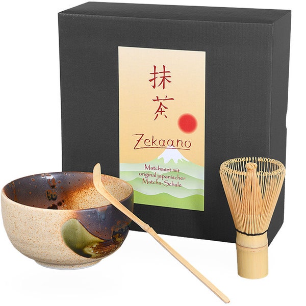 tea4chill Matcha Set: Original japanische Matcha Schale 450ml, Matcha Löffel und Matcha Bambusbesen in eleganter Geschenkbox, handgefertigt