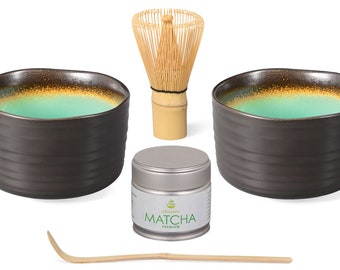 tea4chill Matcha Set: 2 Matcha-Schalen 500ml anthrazit/türkis, Matchalöffel, Matchabesen und 30g Matcha, handgefertigt