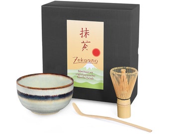 tea4chill Matcha Set: Original japanische Matcha Schale 450ml, Matcha Löffel und Matcha Bambusbesen in eleganter Geschenkbox, handgefertigt