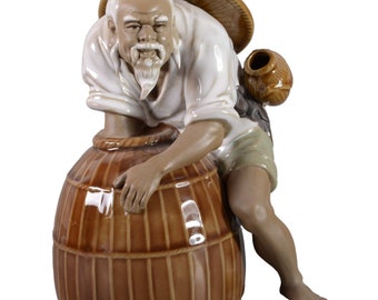 tea4chill Angler Figur, Fischer Skulptur, chinesischer Mudman, Vintage Fischer Statue 15,5cm, handgefertigt