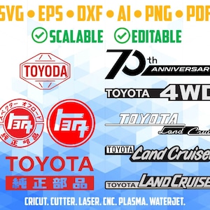 May include: A collection of black and white logos for Toyota Land Cruiser, including the 70th Anniversary logo, 4WD, and Land Cruiser text. The logos are on a blue and white geometric background. The text "SVG EPS DXF AI PNG PDF" and "SCALABLE EDITABLE" are at the top of the image. The text "CRICUT. CUTTER. LASER. CNC. PLASMA. WATERJET." is at the bottom of the image.
