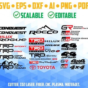 May include: A collection of vehicle-related logos and text designs in black, red, and white. Includes the words "SVG, EPS, DXF, AI, PNG, PDF", "SCALABLE", "EDITABLE", and "CUTTER. CO2 LASER. FIBER. CNC. PLASMA. WATERJET."
