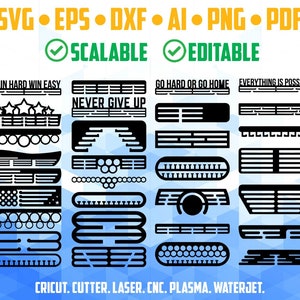 Puede incluir: Un conjunto de archivos de diseño digital para una parrilla de automóvil con varios diseños y textos, que incluyen "Train Hard Win Easy", "Never Give Up", "Go Hard or Go Home" y "Everything is Possible". Los diseños son en blanco y negro y son adecuados para usar con Cricut, cortador, láser, CNC, plasma y chorro de agua.