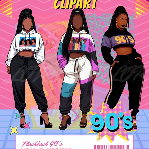 Black Girl 90s Inspired Faceless Woman Fashion Clipart, Black Women Clipart, Black Girls PNG, Black Girl Journal/ Sticker/Print Planner