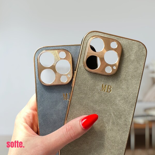 Suede Gold Initials iPhone Case | Camera lens cover | Custom Engraved Name | Colored Leather Minimalistic fashionable shockproof Sage case