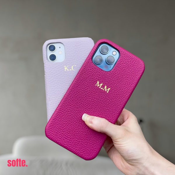 Engraved Monogram Pebble Colored Leather iPhone Case | Initial minimalism cover | Lavender textured iPhone 15 14 13 12 11 Pro Max Plus mini