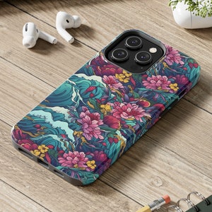 Japanese iPhone Case, Japan waves, iPhone 14, 13, 12, 11 Pro Max Case, iPhone 13, 12 Mini Case, floral, flower, Japanese flowers, ocean, sea image 1