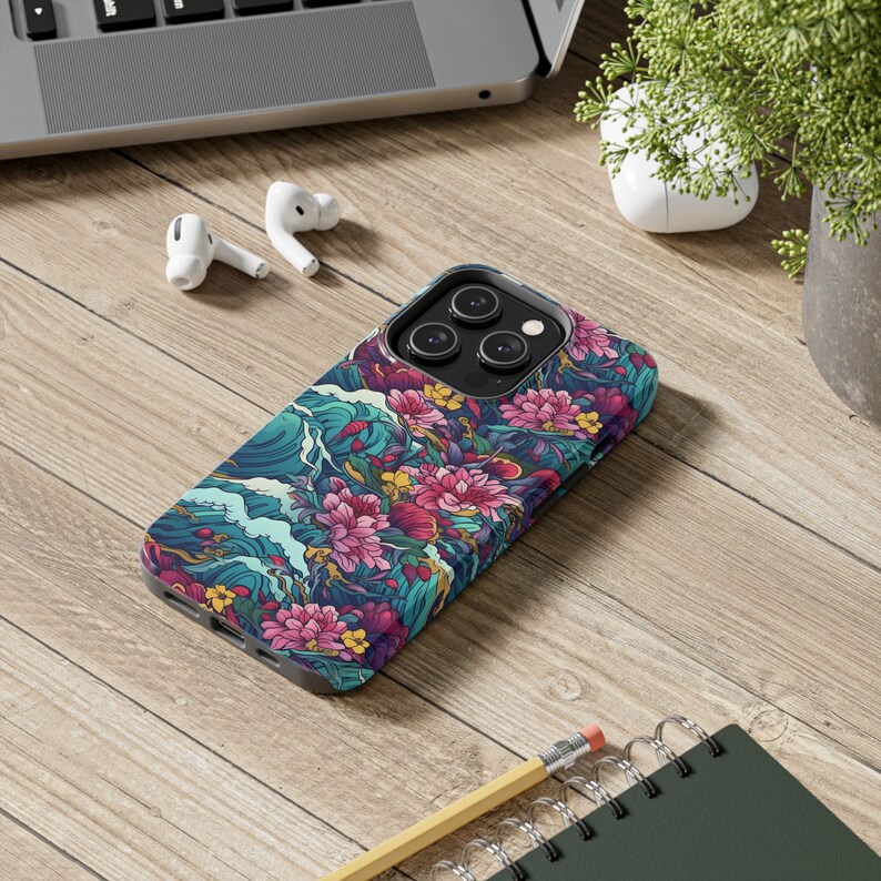 Japanese iPhone Case, Japan waves, iPhone 14, 13, 12, 11 Pro Max Case, iPhone 13, 12 Mini Case, floral, flower, Japanese flowers, ocean, sea image 3