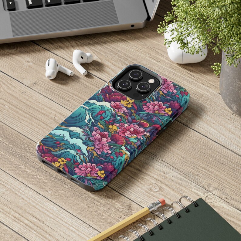 Japanese iPhone Case, Japan waves, iPhone 14, 13, 12, 11 Pro Max Case, iPhone 13, 12 Mini Case, floral, flower, Japanese flowers, ocean, sea image 1