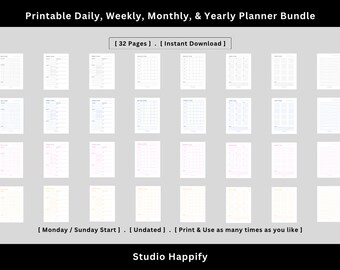 Pianificatore minimalista, Pianificatore giornaliero, settimanale, mensile e annuale stampabile, Senza data, Lettera, Mezza lettera, A4, A5, Pianificazione, Organizzatore, Orario
