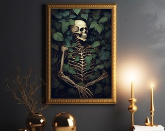 Botanische Skelett-Wand-Kunst, dunkles Ölgemälde - Gotische Schädel-Wand-Kunst - Botanische Skelett-Illustration