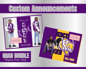 May include: A purple and gold graduation announcement with a photo of a graduate wearing a purple and white letterman jacket. The announcement includes the text "Class of 2023" and "HBCU Bound".