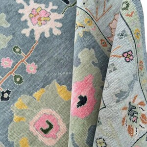 Hand Knotted Oushak Rug 8x10: Blue Gray Wool Turkish Rug