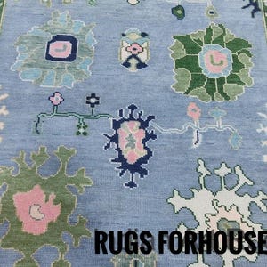 Oushak Rug 9x12: Hand-Knotted Wool, Sky Blue, Pink & Green