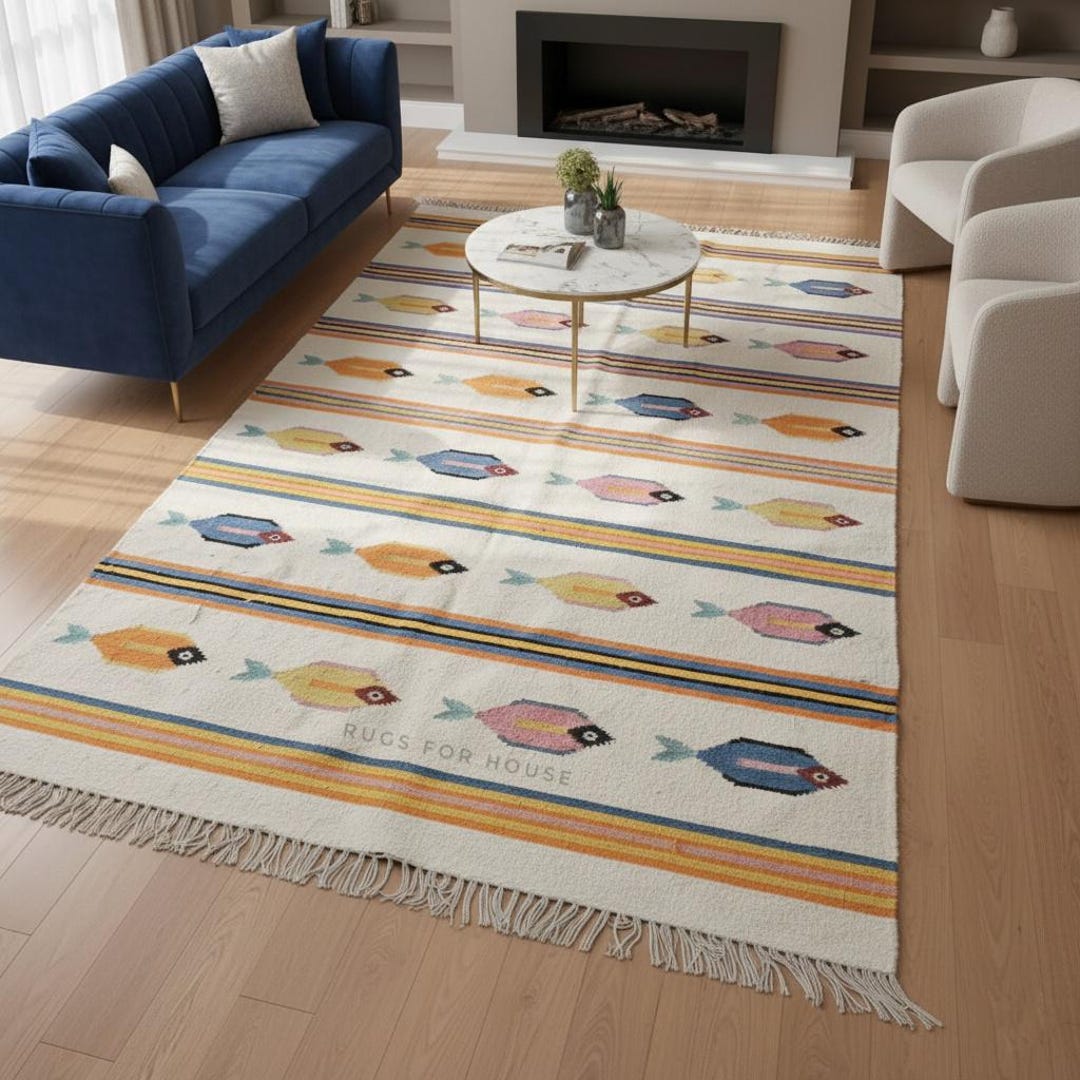 Kilim Fish Rug Handwoven Swedish Kilim Rug: Wool Flatweave Carpet With Fish Motif 8x10 ...