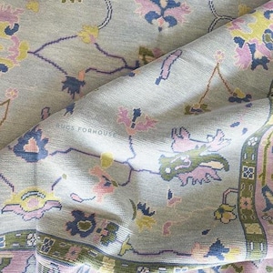 Hand-Knotted Wool Oushak Rug: Grey & Pink Turkish 8x10 Area Rug