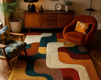 Handmade Tufted Wool Rug: Retro Geometric Design, Mid-Century Modern Deco 9x12