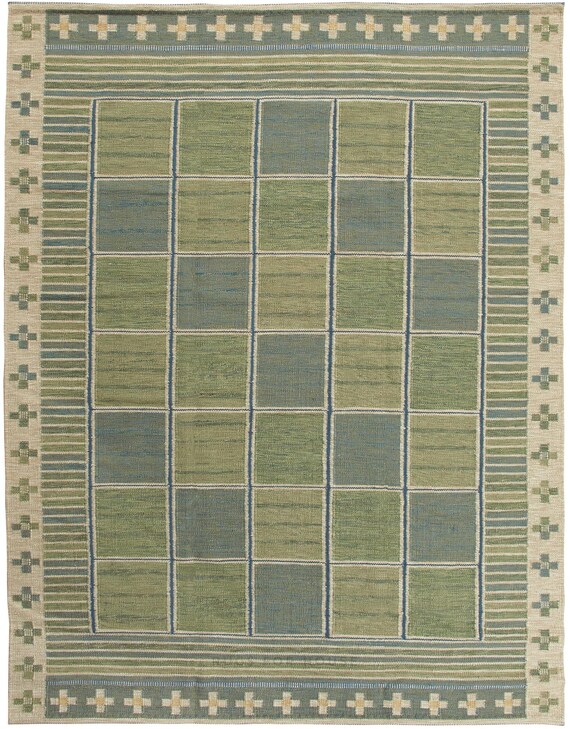 Reversible Swedish Kilim Rug: Scandinavian Green Wool Flatweave (8x10 ft)