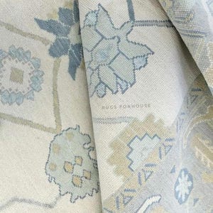 Hand-Knotted Oushak Rug 9x12: Sky Blue, Beige, Wool Turkish Rug