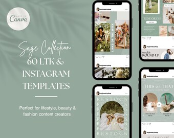 May include: A collection of 60 Instagram and LTK templates for lifestyle, beauty, and fashion content creators. The templates feature a sage green color scheme and include various layouts with text overlays like "Links of the Week", "Weekly Round Up", and "This or That".